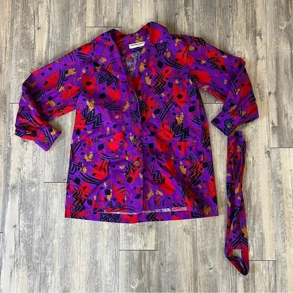 YVES Saint Laurent Vintage 1990s Purple Red Abstract Belted Shirt Jacket Dress - Picture 11 of 11